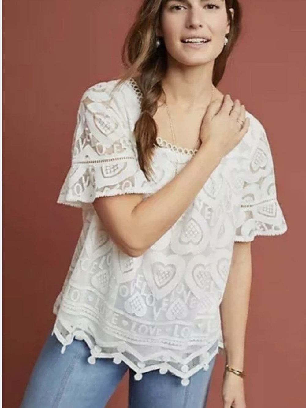 LN Anthropologie Maeve White Embroidered Lace Heart-Pattern Blouse
